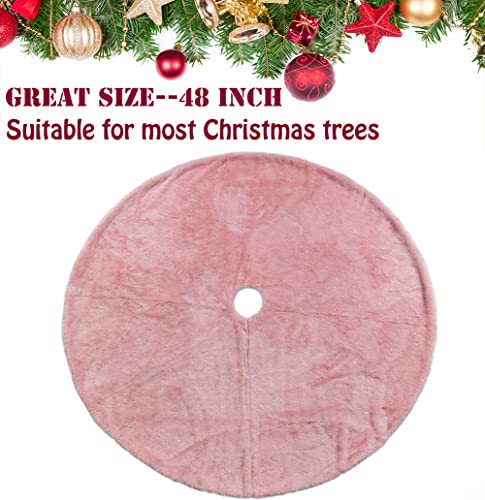 48 Inch Faux Fur Christmas Tree Skirt Pink Shiny Plush Skirt for Merry Christmas Party Christmas Tree Decoration