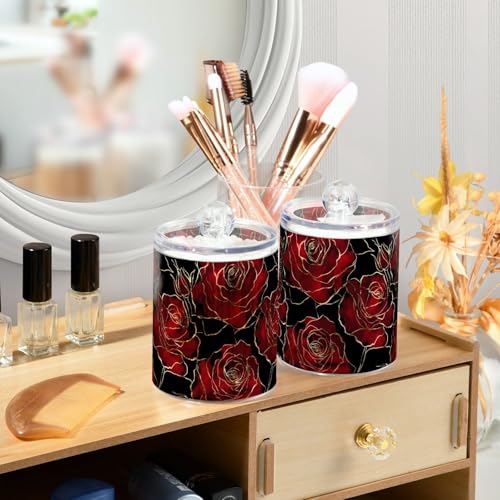 2 Pack Qtip Holder Organizer Dispenser Valentines Red Black Roses Bathroom Storage Canister Cotton Ball Holder Container for Cotton Pads (2 Count)