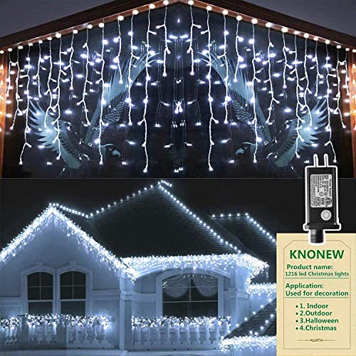 99FT 1216 LED Christmas Lights Outdoor Decorations 8 Modes White Curtain String Light with 228 Drops (99 Foot)