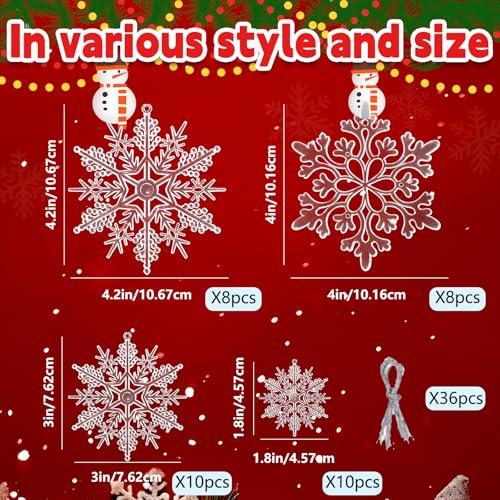 Christmas Tree Decorations Snowflake Ornaments 36Pcs Clear Plastic Hanging Snowflakes from Ceiling Snow Flakes Decorating Hanging for Winter Wonderland Decorations Indoor Outdoor Decor (36 Count)