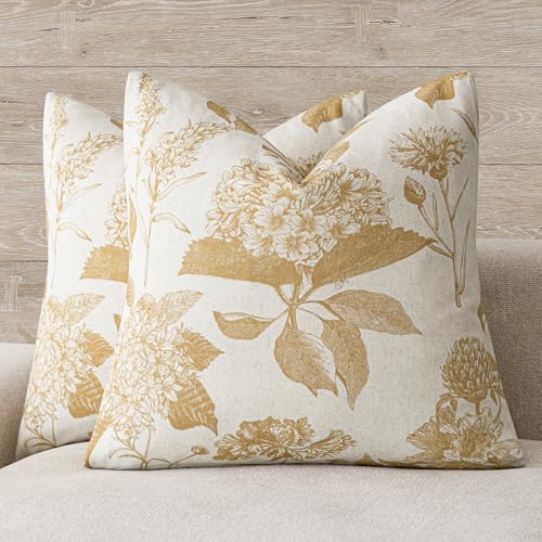 Set of 2 Linen Floral Vintage Throw Pillow Covers Neutral Accent Print Decorative Cozy Cushion Covers Farmhouse Home Decor for Sofa Chair Couch Bed Living Room