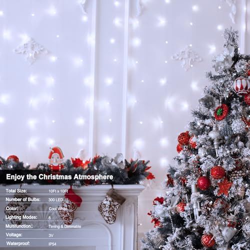9.8Ft×9.8ft Curtain Lights Battery Operated with Remote Cool White (300 Count)