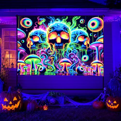 Blacklight Tapestry Skull Surreal Wall Art 78 x 59 Inch