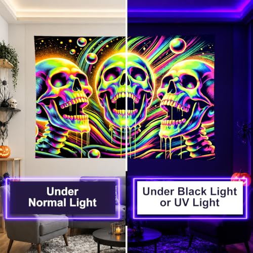 Blacklight Tapestry Skull Gothic Wall Hanging 78 x 59 Inch