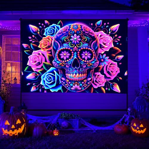 Blacklight Tapestry Sugar Skull Wall Hanging 78 x 59 Inch