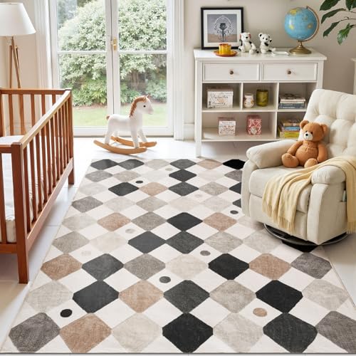 5x7 Nursery Rug Washable Kids Playroom Rug Black and White Marble (35 Sq Ft)