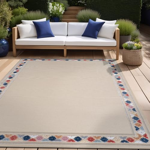 Outdoor Rug 10x14 Modern Bordered Large Area Rugs for Indoor and Outdoor Patio Easy to Clean Non Shedding Living Room Porch Garden Washable Outside Carpet