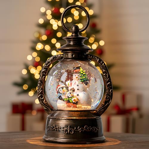 Christmas Snow Globe Lantern Water Glittering Snowman & Penguins with Music & Timer