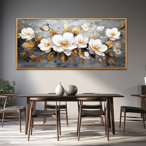 Wood Framed Canvas Wall Art For Living Room Large Wall Decor For Office Bedroom Decoration White Flower Pictures Farmhouse Painting Artwork Room Wall Mural Aesthetic Home Decor 32x72