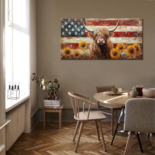 Country Highland Cow Wall Art for Living Room Rustic Retro Vintage American Flag Sunflower Canvas Painting Prints Highland Cattle Artwork Farmhouse Bedroom Office Decor