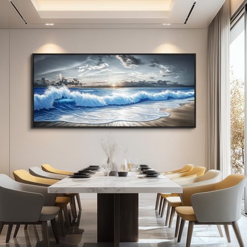 Wall Art Blue Ocean Wave Scenery Painting 32"X72" Black Frame