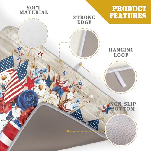 4th of July Dish Drying Mat for Kitchen Counter Patriotic Floral Super Absorbent Reversible Microfiber Kitchen Countertop Protector Dishes Pad Large 18x24 inch