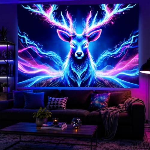 Blacklight Tapestry Deer Antlers Neon Wall Art 78 x 59 Inch