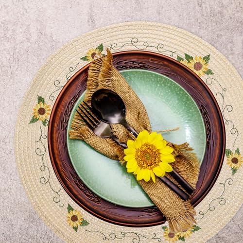 4Pcs Sunflower Embroidered Placemats Spring Summer Floral Round Place Mats Dinner Table Mats for Home Holiday Birthday Baby Shower Party Decor (4 Count)