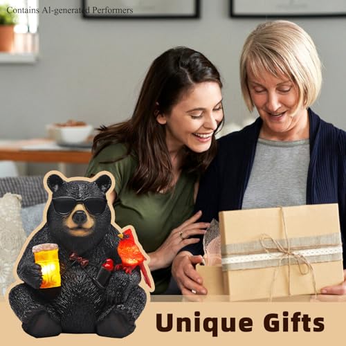 Solar Black Bear Statue for Garden with Beer and Cardinals