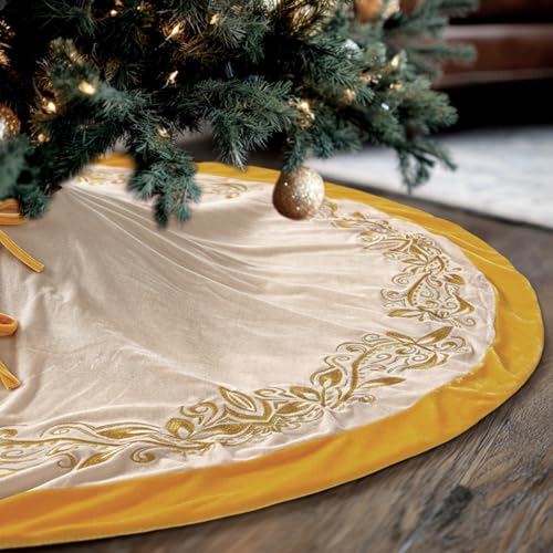48 Inch Vintage Velvet Christmas Tree Skirt Ivory Traditional Luxury Plush Fur Tree Skirt with Gold Victorian Venetian Embroidered Holly Leaf for Rustic Home Xmas Holiday Decoration