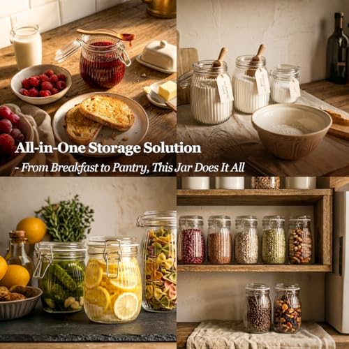Ribbed Glass Storage Jars Airtight Lids 34oz 3 Pack Pantry Flour (3 Count)