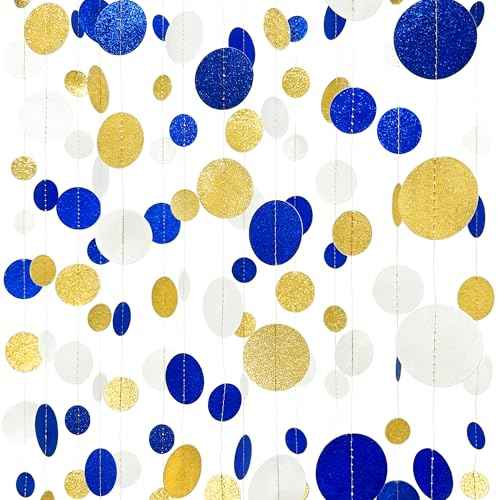 Royal Blue Gold White Party Polka Dot Garland Dark Blue Glitter Gold White Hanging Paper Circle Dots Streamer for Birthday Graduation Wedding Shower Retirement Nautical Party Decorations Supplies