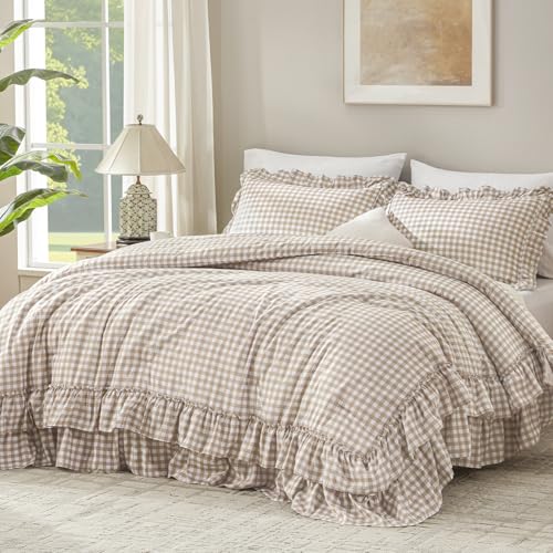 Tan Gingham Ruffle Comforter Set Queen Size