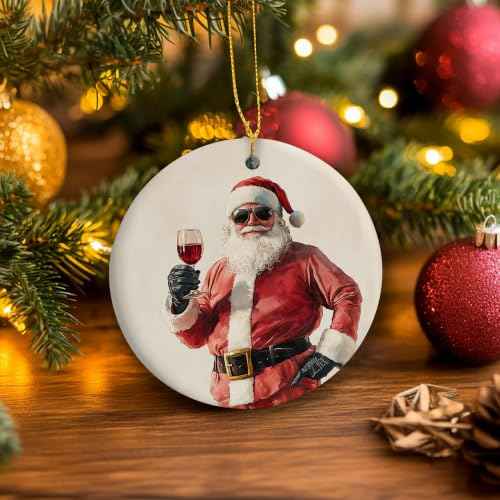 Santa Claus Wine Bar Christmas Ceramic Ornament