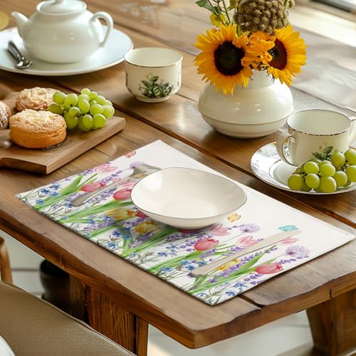 Tulip Placemats Set of 4 Spring Summer Flowers Tulips Lavender Place Mats Watercolor Floral Dandelion Butterfly Non