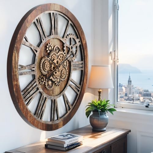 The Gears Clock 36'' Inch Real Moving Gear Wall Clock Vintage Industrial Oversized Rustic Farmhouse