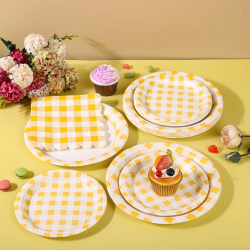 150 Pcs Yellow Gingham Paper Plates and Napkins (150 Count)