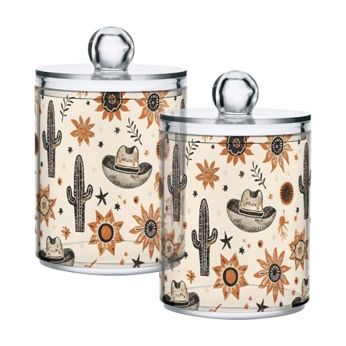 2 Pack Qtip Holder Organizer Dispenser Western Cowboy Hats Suns Cactus Bathroom Storage Canister Cotton Ball Holder Container for Cotton Pads (2 Count)