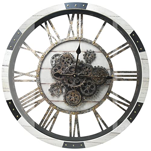 27" Large Real Moving Gears Wall Clock with Toughened Glass Cover Solid Wood Retro Metal Skeleton Oversized Vintage Steampunk Rustic Clock for Living Room Decor Home Farmhouse Kitchen