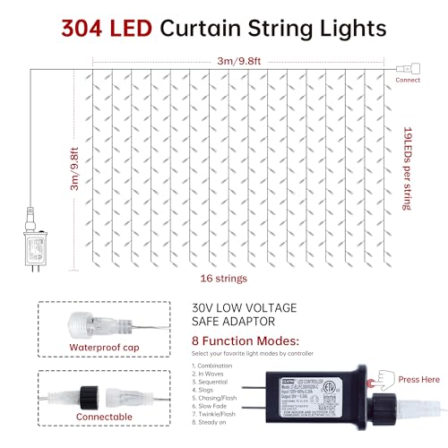 9.8FT x 9.8FT White Curtain Lights Plug in