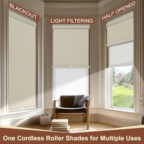 Cordless Dual Roller Shades.Beige and White.76 W x 80" H
