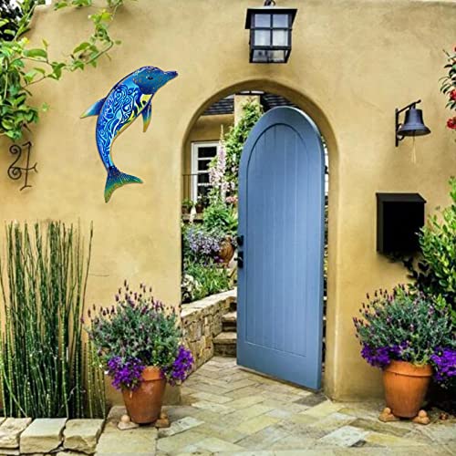 Dolphin Wall Decor Outdoor Metal FIsh Sea Hanging Art Glass Sculptures Home Ocean Theme Decorations for Living Room