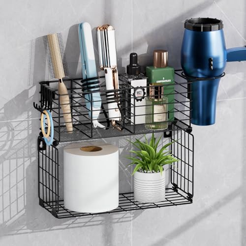 Metal Hair Tool Organizer with Toilet Paper Storage Basket Wall Mount