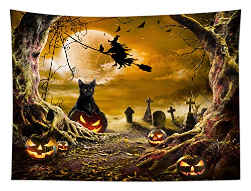 Halloween Wall Tapestry Horror Witch Cat and Dead Tree Pumpkin Lights with Spooky Graveyard Tapestry Orange Full Moon over Misty Forest Wall Decor for Bedroom Living Room Dorm 92.5x70.9 Inches