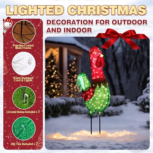 6FT Lighted Rooster with Christmas Hat for Outdoor Christmas Decorations
