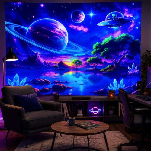 Blacklight Tapestry Alien UFO Party Wall Decor 78 x 59 Inch