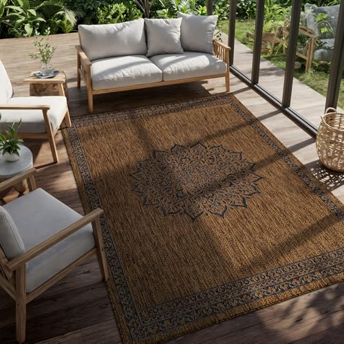 Outdoor Rug 6x9 Medallion Gold Modern Area Rugs for Indoor and Outdoor Patios Kitchen and Hallway Mats Washable Porch Deck Outside Carpet (60 Sq Ft)