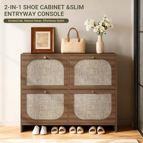 Freestanding Ultra Slim Fluted Accent Shoe Storage Cabinet for Entryway