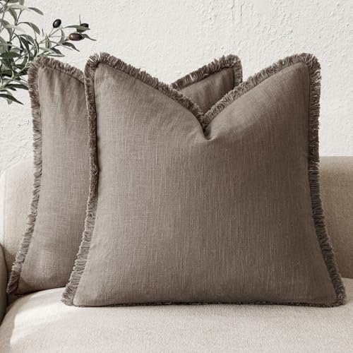 Decorative Linen Fringe Throw Pillow Covers 18×18 Light Coffee (2 Count)