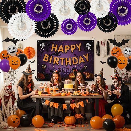 Honeycomb Round Paper Fans Black Purple Hanging Party Decoration (11 Count)