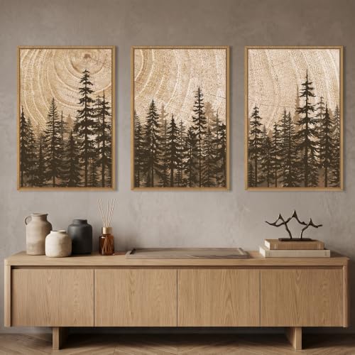 Rustic Pine Tree Forest Framed Canvas Wall Art Set
