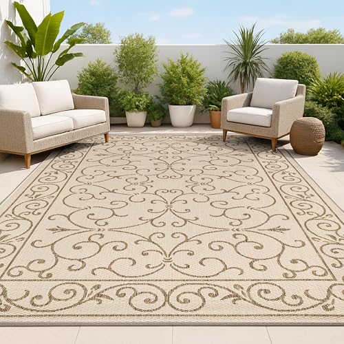 Vintage Filigree Indoor Outdoor Area Rug 8X10 Beige