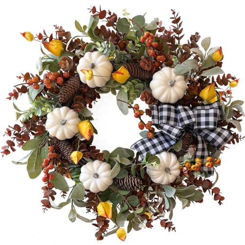 24 Inch Farmhouse Fall Wreath for Front Door with White Pumpkins