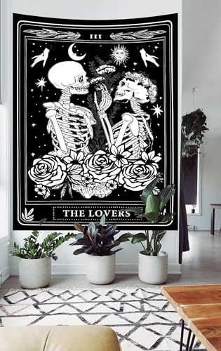The Lovers Skull Tapestry Gothic Tapestry Vertical Black and White Skeleton Gothic Witch Sun Moon Floral Plant Snake Tapestries Wall Hanging Decor for Bedroom Dorm Room 70 x 90 Inches