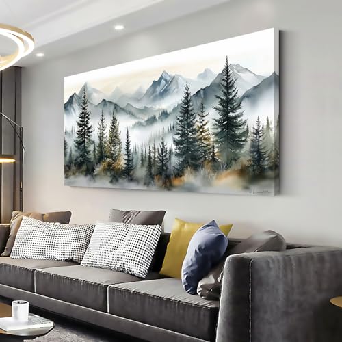 Watercolor Forest Wall Art for Living Room Modern Mountain Canvas Painting Prints Foggy Woods Bedroom Landscape Office Wall Art Decor