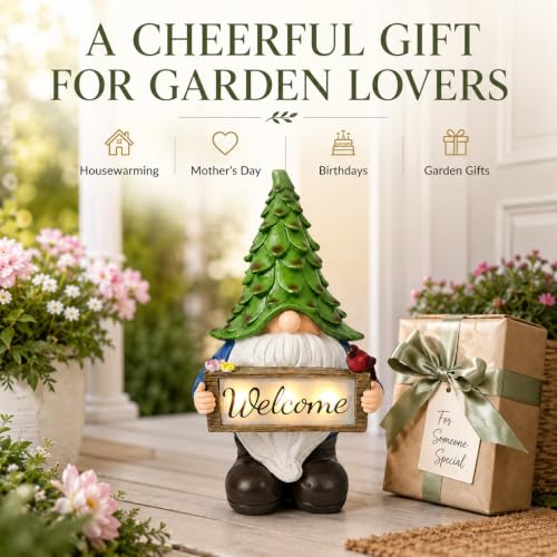 Solar Garden Gnome Statue with Welcome Sign