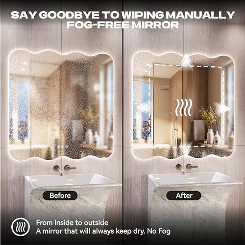 36"x36" Wavy Mirror with Lights Frameless Backlit LED Wall Mirror