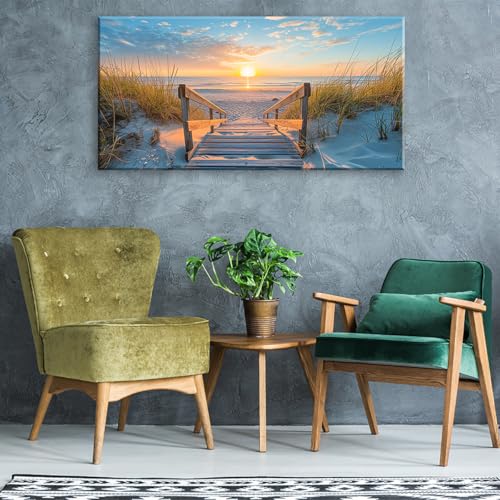 Beautiful White Sandy Beach Pier by Seaside at Sunset Landscape Wall Art Decor Artwork for Bedroom Living Room