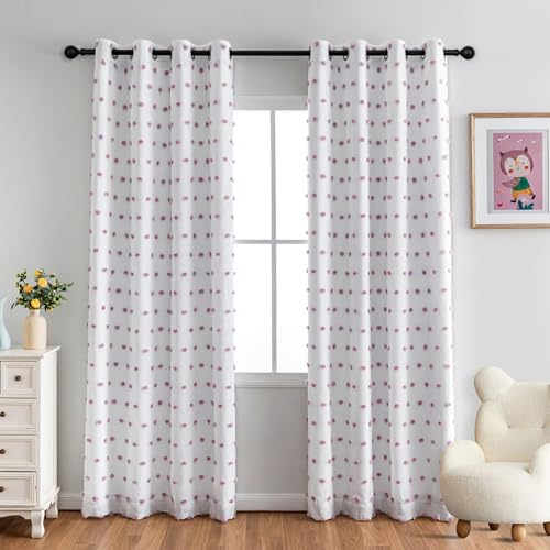 100% Blackout Curtains for Girls Bedroom 84 Inches Long with Purple Pom Pom Sheer Total Light Blocking Curtains for Living Room 2 Panels Grommet Room Darkening Window Drapes 50W x 84L (2 Count)