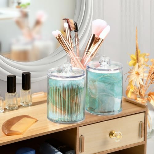 2 Pack Qtip Holder Dispenser Turquoise Marble Bathroom Storage Canister Lid 10 oz Acrylic Plastic Apothecary Jar Set Vanity Makeup Organizer for Cotton Swab (2 Count)